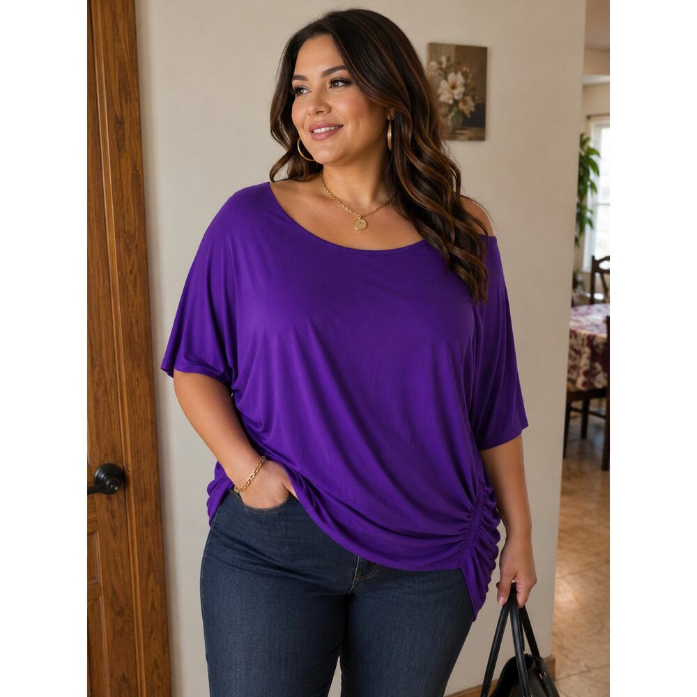 Johnny Was Purple Dolman Sleeve Tunic Top 4XL Plus Size Ruched Side Blouse